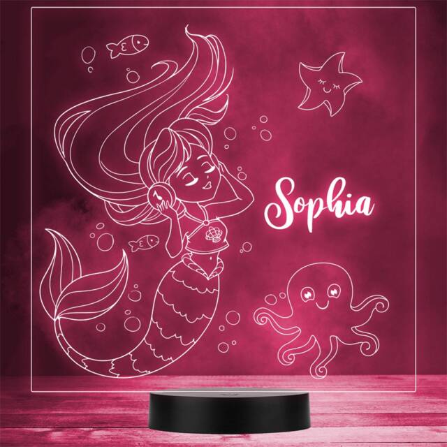 Girls Long Hair Mermaid Listen To Music Square Custom Gift Colour Night Light - image 1