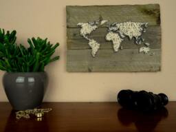 World Map Wall Decal - String Art Reclaimed Wood Gifts For Travellers Office Decor Living Room - thumbnail 1