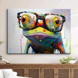 Fun & Unique Frog With Glasses Abstract Modern Painting Wall Art Framed Canvas Poster Print Home Kitchen Office Room Decor Gifts - thumbnail 1