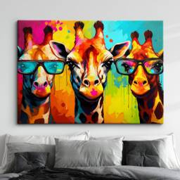 Colorful Giraffe Family Glasses Abstract Oil Painting Style Wall Art, Framed Canvas Poster Print, Home Kitchen Office Room Decor, Gifts - thumbnail 1