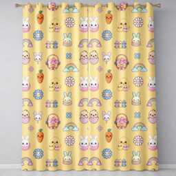 Easter Chick Bunny Macaron Carrot Rainbow Seamless Pattern Yellow Background Readymade Eyelet Ring Top Thermal 100% Blackout Curtains - thumbnail 2