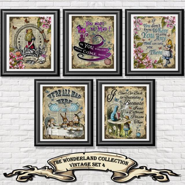 Wall Art Print Alice in Wonderland - Set Of 5 Decor On Antique Dictionary Book Pages Nursery Gift Wedding Farmhouse - image 1