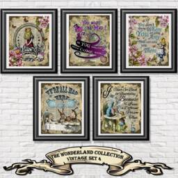 Wall Art Print Alice in Wonderland - Set Of 5 Decor On Antique Dictionary Book Pages Nursery Gift Wedding Farmhouse - thumbnail 1