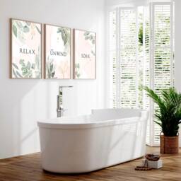 Watercolour Greenery Framed Set Of 3 Wall Art Prints For A Tropical Bathroom Home Decor, Pink Botanical Toilet Spa Decor - thumbnail 1