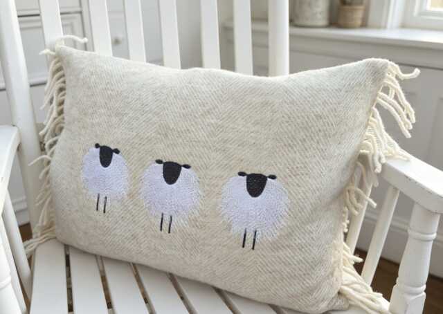 Handmade Embroidered Sheep 100% Wool Cushion, 40x50 cms Country Home Decor Scatter Cushion - image 1