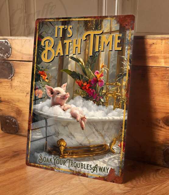 Pig Bathroom Metal Sign Vintage Tropical Decor - 200mm X 305mm - image 1