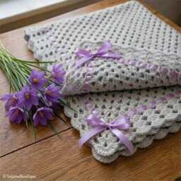 Crochet Baby Silver Grey Blanket, Satin Ribbon Detail, Soft Acrylic Yarn - thumbnail 4