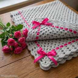 Baby Crochet Blanket in Silver Grey, Satin Ribbon Detail, Soft Acrylic Yarn 3 Sizes, 9 Colours