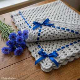Crochet Baby Silver Grey Blanket, Satin Ribbon Detail, Soft Acrylic Yarn - thumbnail 3