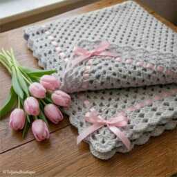 Crochet Baby Silver Grey Blanket, Satin Ribbon Detail, Soft Acrylic Yarn - thumbnail 2