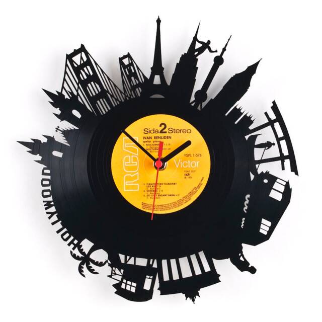 Wall Clock - Vinyl Record Reuse Original Design Recycling Sustainable Wall Decoration- World Skyline - image 1