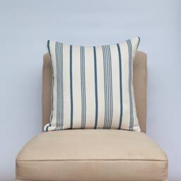Mykonos Striped Cushion. Nautical Stripes in Marine Blue & White. Beachut, Yacht & Seaside Home Accessory. 17x17