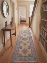 Hand Knotted Wool Oushak Runner Rug, Beige Geometric Hallway Farmhouse Decor - thumbnail 1