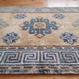 Hand Knotted Wool Oushak Runner Rug, Beige Geometric Hallway Farmhouse Decor - thumbnail 3