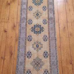 Hand Knotted Wool Oushak Runner Rug, Beige Geometric Hallway Farmhouse Decor - thumbnail 2