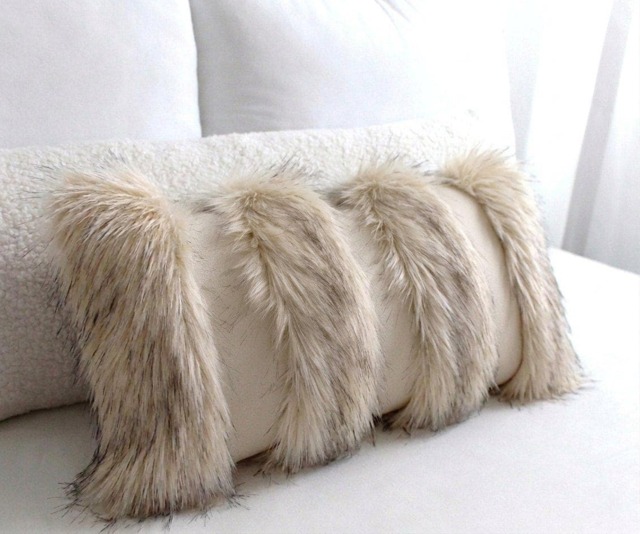 Faux Fur & Leather Pillow Cover Golden Island Fox, Cream - Luxury Throw Cushion - image 1