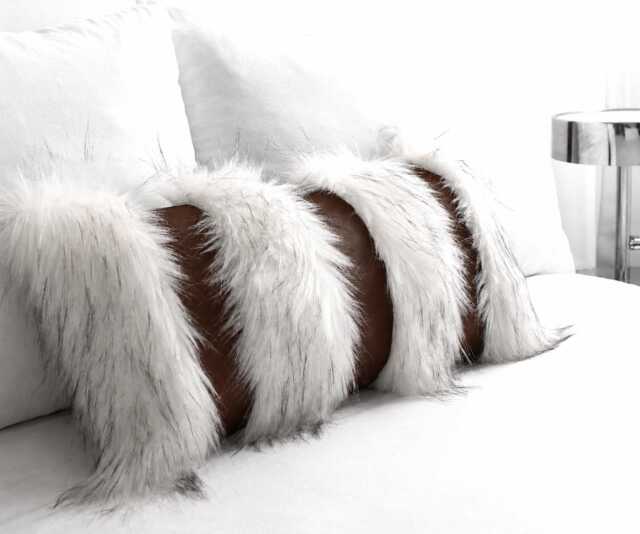 Chestnut Brown Faux Leather & Snow Fox Fur Lumbar Pillow Cover, Luxury Textured Throw Cushion Home Decor - image 1