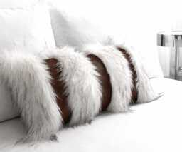 Chestnut Brown Faux Leather & Snow Fox Fur Lumbar Pillow Cover, Luxury Textured Throw Cushion Home Decor