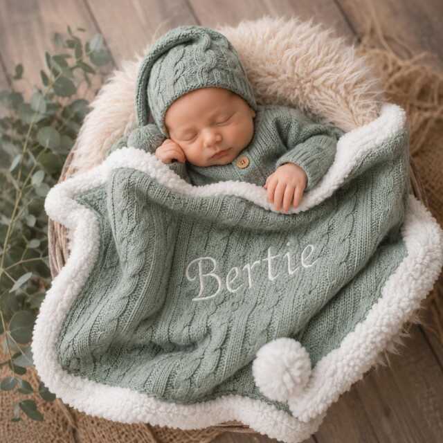 Personalised Baby Blanket Knitted Bow Embroidered Name New - image 1