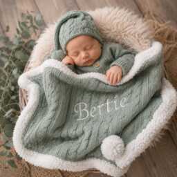 Personalised Baby Blanket Knitted Bow Embroidered Name New - thumbnail 1