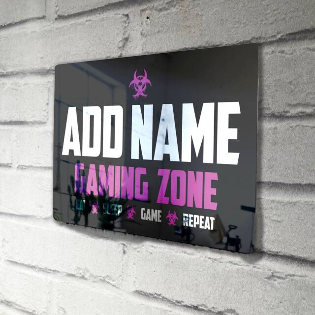 Personalised Metal Mirror Pink Gamer Sign - Customised Printed Wall Art Plaque Gaming Zone Caution - image 1