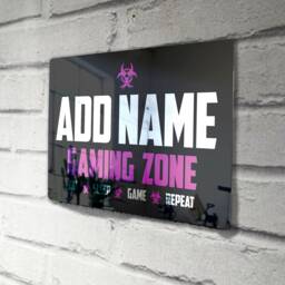 Personalised Metal Mirror Pink Gamer Sign - Customised Printed Wall Art Plaque Gaming Zone Caution - thumbnail 1