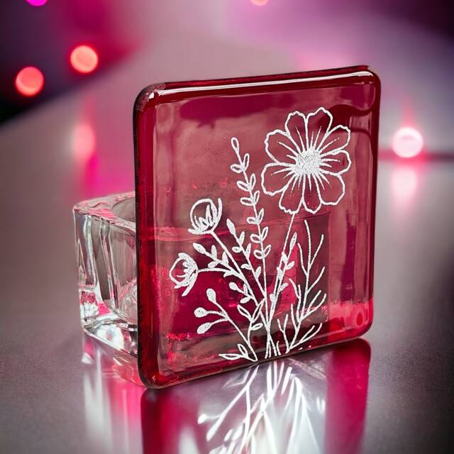 Fused Glass Cosmos Tealight Holder October Birth Flower Gift - image 1