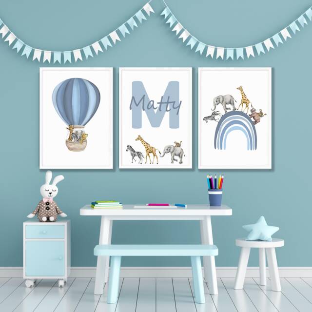 Personalised Safari Nursery Prints Blue Rainbow Animal Wall Art, Set Of 3 - image 1