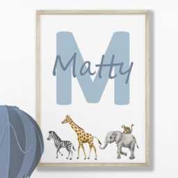 Personalised Safari Nursery Prints Blue Rainbow Animal Wall Art, Set Of 3 - thumbnail 3