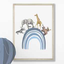 Personalised Safari Nursery Prints Blue Rainbow Animal Wall Art, Set Of 3 - thumbnail 2