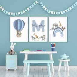 Personalised Safari Nursery Prints Blue Rainbow Animal Wall Art, Set Of 3