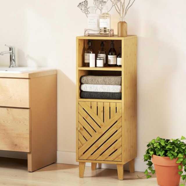 Bamboo Bathroom Storage Cabinet Narrow Freestanding Wooden Organizer With Open Shelves - image 1