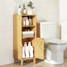 Bamboo Bathroom Storage Cabinet Narrow Freestanding Wooden Organizer With Open Shelves - thumbnail 2