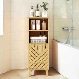 Bamboo Bathroom Storage Cabinet Narrow Freestanding Wooden Organizer With Open Shelves - thumbnail 3