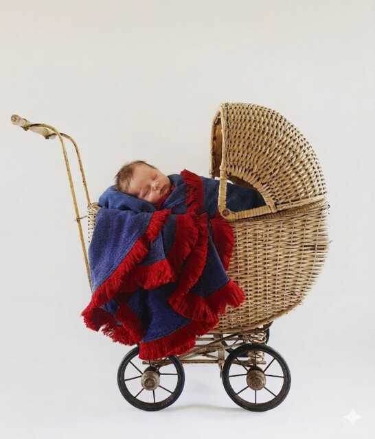 In Stock Handmade Navy Baby Wrap - Red Fringe Trim, Pram Blanket - image 1