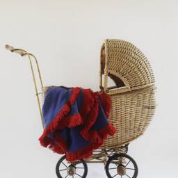 In Stock Handmade Navy Baby Wrap - Red Fringe Trim, Pram Blanket - thumbnail 3