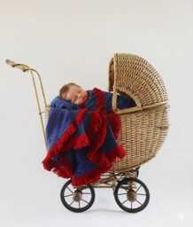 In Stock Handmade Navy Baby Wrap - Red Fringe Trim, Pram Blanket