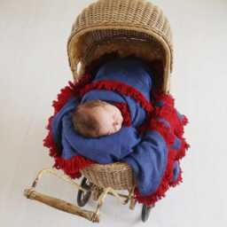 In Stock Handmade Navy Baby Wrap - Red Fringe Trim, Pram Blanket - thumbnail 2