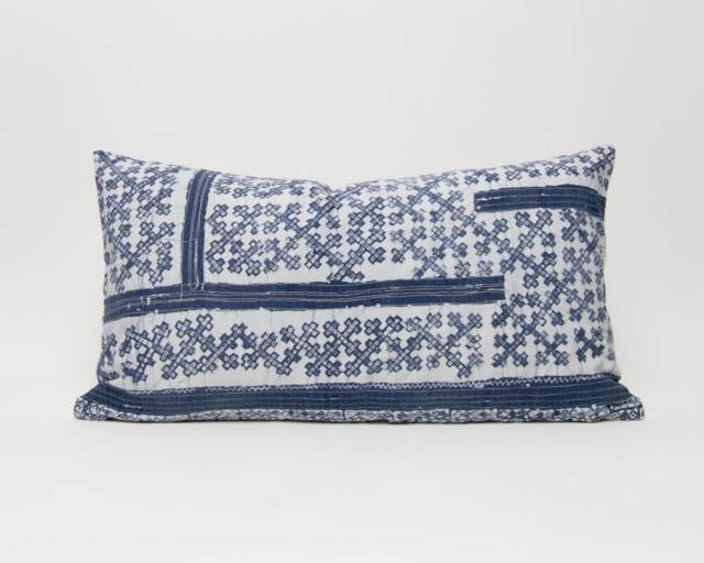 Hmong Indigo Batik Throw Pillow, Hill Tribe Rustic Cushion - 24x13 - image 1