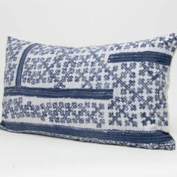 Hmong Indigo Batik Throw Pillow, Hill Tribe Rustic Cushion - 24x13 - thumbnail 2