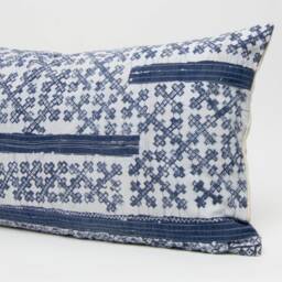 Hmong Indigo Batik Throw Pillow, Hill Tribe Rustic Cushion - 24x13 - thumbnail 3