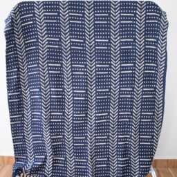 Blue Hand Block Printed Cotton Throw Blanket Fringed Mud Cloth - thumbnail 2