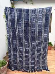 Blue Hand Block Printed Cotton Throw Blanket Fringed Mud Cloth