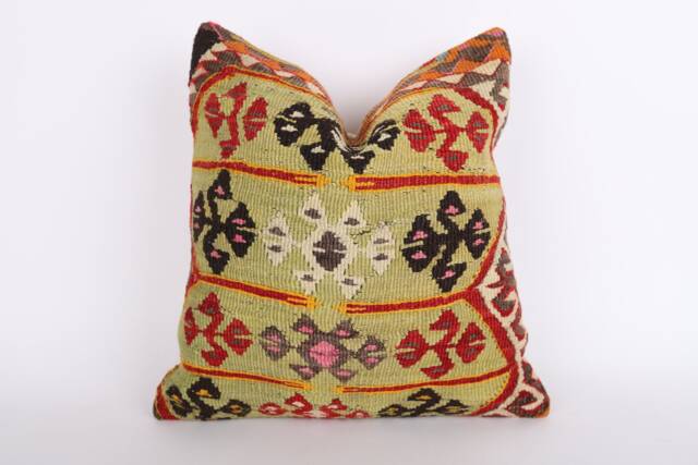 Vintage Turkish Kilim Pillow Cover 16'' Wool Throw - image 1