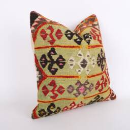 Vintage Turkish Kilim Pillow Cover 16'' Wool Throw - thumbnail 3
