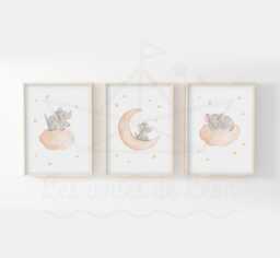 Set Of 3 Watercolor Baby Elephants, Wall Decoration For A Child's Room, Stars, Clouds, Moon, Safari, Jungle Posters, Birth Announcement - thumbnail 1