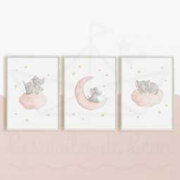 Set Of 3 Watercolor Baby Elephants, Wall Decoration For A Child's Room, Stars, Clouds, Moon, Safari, Jungle Posters, Birth Announcement - thumbnail 3