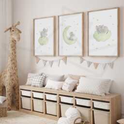 Set Of 3 Watercolor Baby Elephants, Wall Decoration For A Child's Room, Stars, Clouds, Moon, Safari, Jungle Posters, Birth Announcement - thumbnail 2