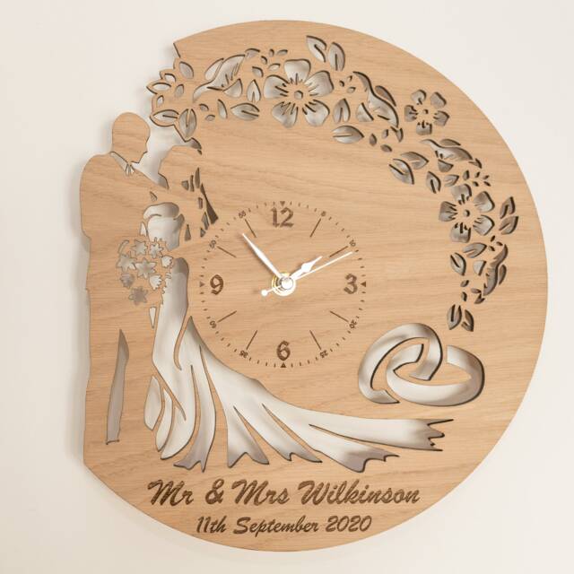 Personalised Handmade Wooden Silent Wedding Anniversary Gift Wall Clock Up To 90cm in Oak, Cherry Or Walnut - Silver Gold Hands - image 1