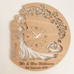Personalised Handmade Wooden Silent Wedding Anniversary Gift Wall Clock Up To 90cm in Oak, Cherry Or Walnut - Silver Gold Hands
